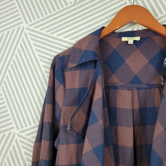 Kori Plaid Blazer Jacket size Large Lightweight Red Open Front Drape Flannel - Picture 2 of 7